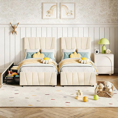 Twin Size Bed Frame with Upholstered Headboard & 2 Storage Drawers with Wheels, Platform Bed Frame with Wooden Slat Support, Adjustable Headboard, No Box Spring Needed, Noise-Free, for Bedroom