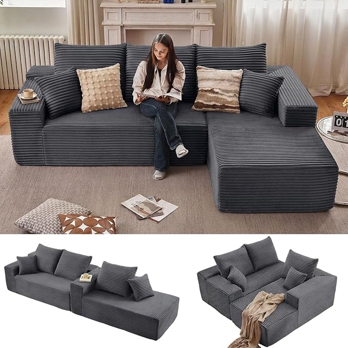Sectional Couches for Living Room Cloud Couch Sofa with L-Shape Couch in a Box Upholstered Boneless Couchs Modern Modular Sectional Couch with Chaise (Dark Grey,B-3 Seater-Right-Facing Chaise-96inch)