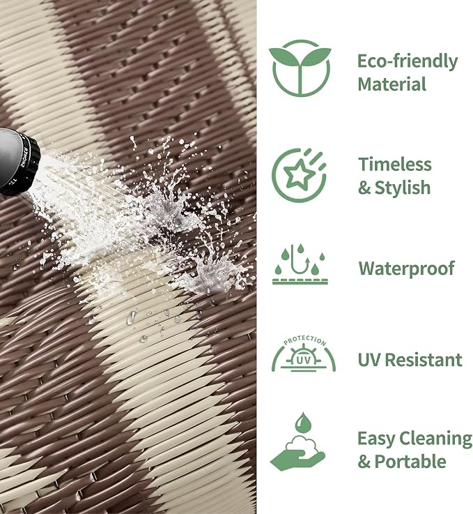 GENIMO Outdoor Rug for Patio Clearance - 9x12 ft Waterproof Plastic Camping Rugs, Reversible Outside Rv Mat Carpet for Porch, Deck, Picnic, Balcony, Beach, Backyard, Coffee Beige