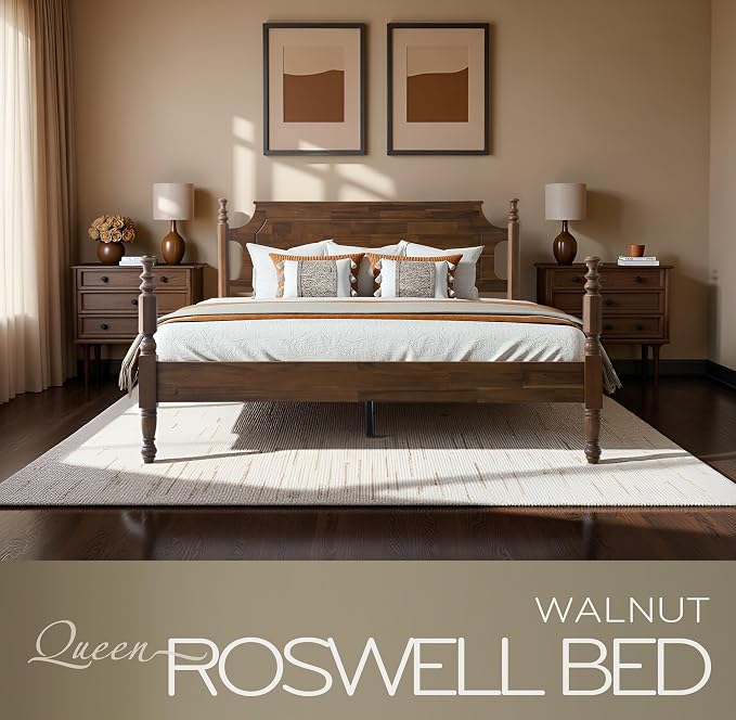 Solid Wood Queen Size Platform Bed Frame with Headboard & Footboard, Central Metal Legs, 12 Durable Slats Base, Anti-Slip & Noise-Free, Easy Assembly, No Box Spring Needed, Walnut Finish, ROQ-37