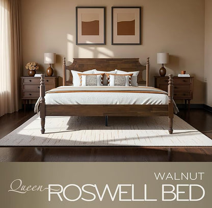 Solid Wood Queen Size Platform Bed Frame with Headboard & Footboard, Central Metal Legs, 12 Durable Slats Base, Anti-Slip & Noise-Free, Easy Assembly, No Box Spring Needed, Walnut Finish, ROQ-37
