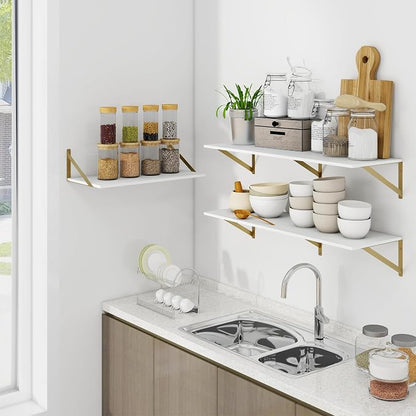 Heimlove Deep Floating Shelves for Wall, 24W x 12D Wood Wall Shelves Set of 2, Wide Floating Bookshelf for Living Room, Kitchen, Office, Bedroom and Decor Storage, with Golden Bracket - White & Gold
