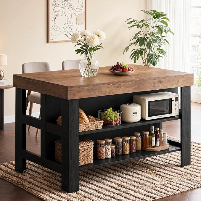 Tribesigns 55.1-Inch Kitchen Island with Seating and Storage, 3-Tier Large Farmhouse Island Table with Large Countertop and Leg Room for Kitchen Dining Room (Brown and Black)