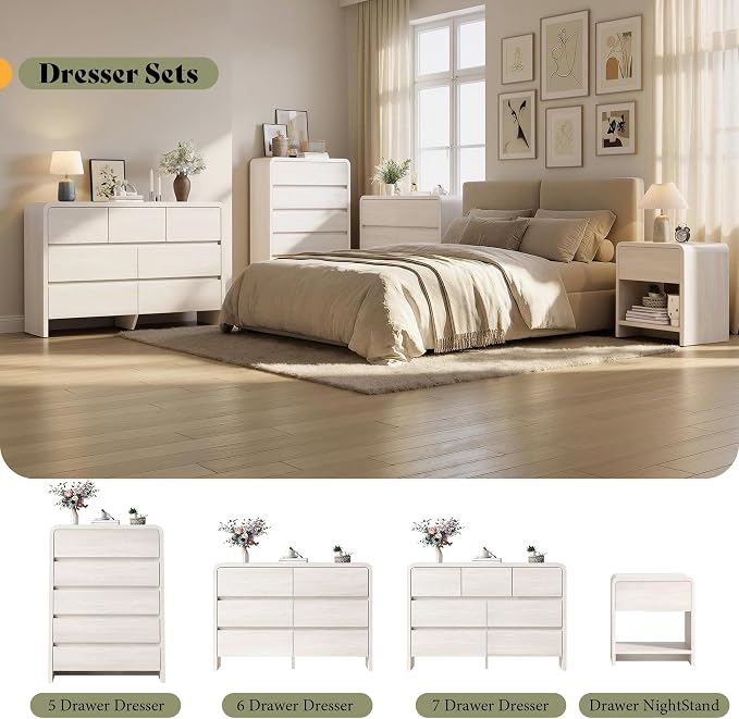 AMERLIFE Modern 3-Piece Bedroom Furniture Set with 5-Drawer Dresser and 2 Nightstands, Large Storage Capacity, Rounded Corners, Flexible Combination Design, Anti-Tip Kit Included, White