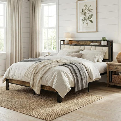 LIKIMIO Full Size Bed Frame with Storage Headboard & Charging Station | Upholstered Headboard, Storage Shelf, Solid and Stable, Noise Free, No Box Spring Needed, Easy Assembly (Walnut and Beige)