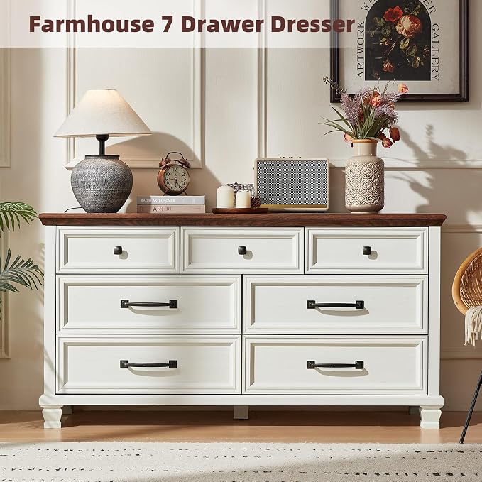 SAVOR LIFE Farmhouse Dresser and Nightstand Sets 4 Piece, 5/7 Drawer Dresser & 2 Drawer Nightstand Set, Rustic Wood Bedroom Furniture Set for Home, Bedroom, Hallway, White