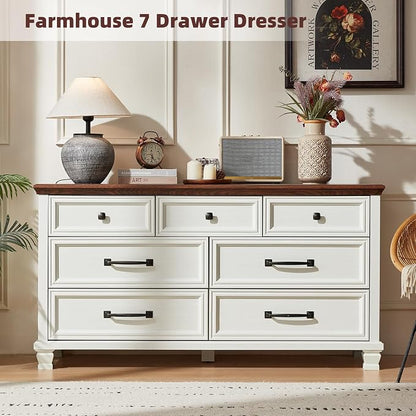 SAVOR LIFE Farmhouse Dresser and Nightstand Sets 3 Piece, 7 Drawer Dresser & 2 Drawer Nightstand Set, Rustic Wood Bedroom Furniture Set for Home, White