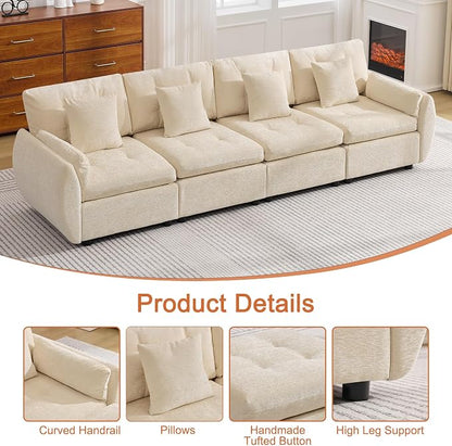 112" Oversized Modular Cloud Sofa, Deep Seat Tufted Chenille 4-Seater Sectional Couch with Curved Arms, Comfy Sofas for Living Room, Beige