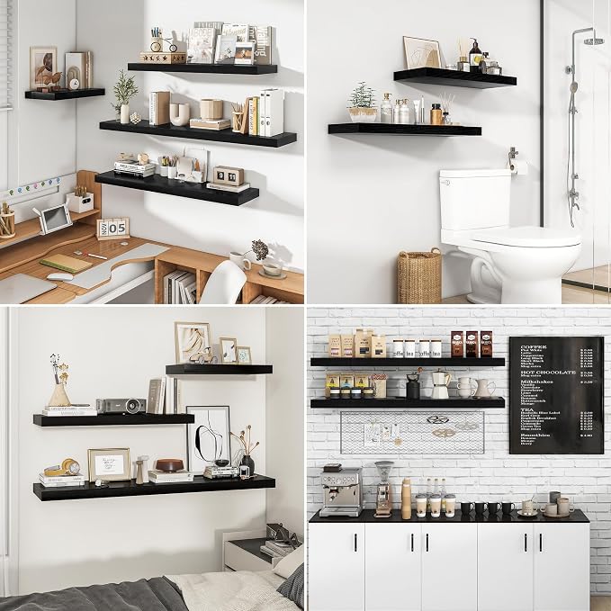 RICHFOCUS 48Inch Floating Shelves for Wall 2 Pack Shelves for Bedroom|Kitchen|Bathroom Wall Mounted Rustic Wood Floating Shelf with Invisible Brackets for Books|Storage|Decor, Black