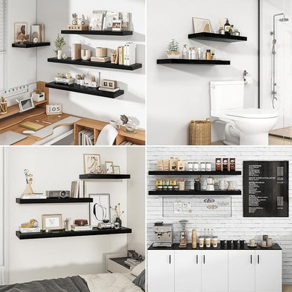 RICHFOCUS 72Inch Floating Shelves for Wall 2 Pack Shelves for Bedroom|Kitchen|Bathroom Wall Mounted Rustic Wood Floating Shelf with Invisible Brackets for Books|Storage|Decor, Black