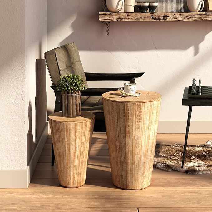 Aoikax Farmhouse Nesting Barrel Side Table, Fully Assembled, Natural | Rustic Space Saving Storage End Table Set, Natural Wood Finish