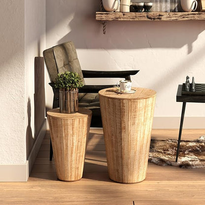 Aoikax Farmhouse Nesting Barrel Side Table, Fully Assembled, Natural | Rustic Space Saving Storage End Table Set, Natural Wood Finish