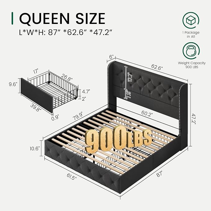 LARMACE Upholstered Queen Size Bed Frame with 4 Storage Drawers and 47.2" Tall Wingback Headboard Tufted Platform Bed Frame Linen Beds with Wooden Slats Support, Easy Assembly, Dark Grey