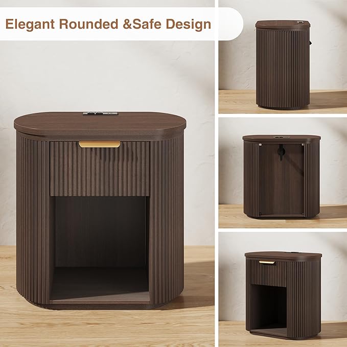 Fluted Nightstand with Charging Station, 23.6" Large Bedside Side Table with Drawer, Wood End Table with Storage, Curved Round Corner, Furniture Bedroom Sofa, Mid Century Modern, Vintage, Walnut