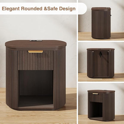 Fluted Nightstand with Charging Station, 23.6" Large Bedside Side Table with Drawer, Wood End Table with Storage, Curved Round Corner, Furniture Bedroom Sofa, Mid Century Modern, Vintage, Walnut