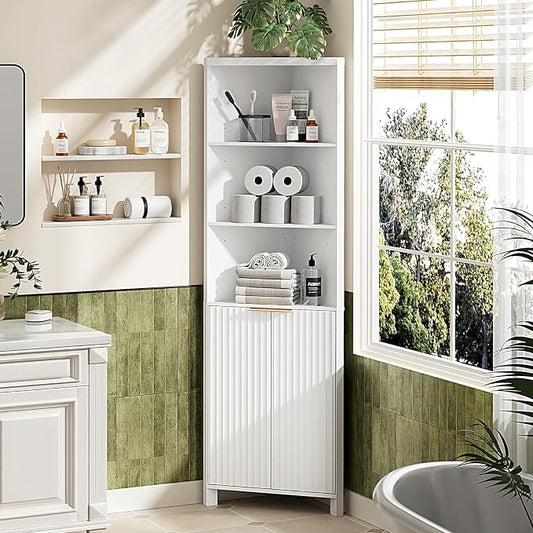 VINGLI Tall Corner Cabinet with Fluted Doors, 68" White Corner Storage Cabinet with Adjustable Shelves, Freestanding Wood Corner Bookshelf for Bathroom, Living Room & Kitchen, Space-Saving