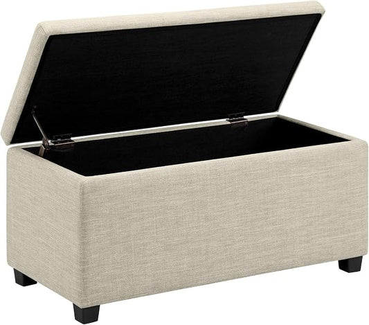 Basics Upholstered Storage Ottoman Bench with Soft Close Lid, Child-Safety Hinge, No Assembly Required, 35.5"W x 16.5"D x 17"H, Beige