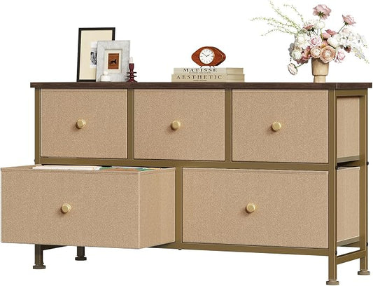 OLIXIS 5 Drawer Dresser for Bedroom, Storage Organizer for Closet, Khaki | Chest of Drawers for Clothes Storage with Bins, Wide Fabric Bedroom Dresser, Wooden Top, Living Room, Black Wood