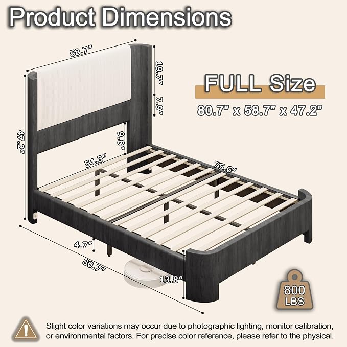 Full Size Upholstered Platform Bed Frame with Wingback Headboard, Motion-Sensing LED Lights, Sturdy Slats, Mattress-Lock Footboard, PU Leather,No Box Spring Needed, Easy Assembly, Dark Grey Oak