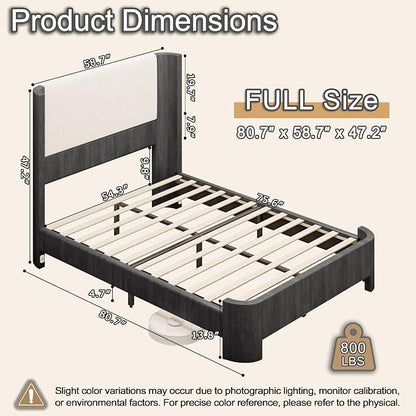 Full Size Upholstered Platform Bed Frame with Wingback Headboard, Motion-Sensing LED Lights, Sturdy Slats, Mattress-Lock Footboard, PU Leather,No Box Spring Needed, Easy Assembly, Dark Grey Oak