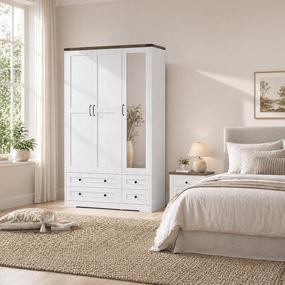Brafab Armoire Wardrobe Closet with 3 Modern Doors and Mirror, 71" Tall Freestanding Cabinet with 4 Drawers, Hanging Rod, and 4 Shelves, Wooden Storage Organizer for Clothes, Bedroom