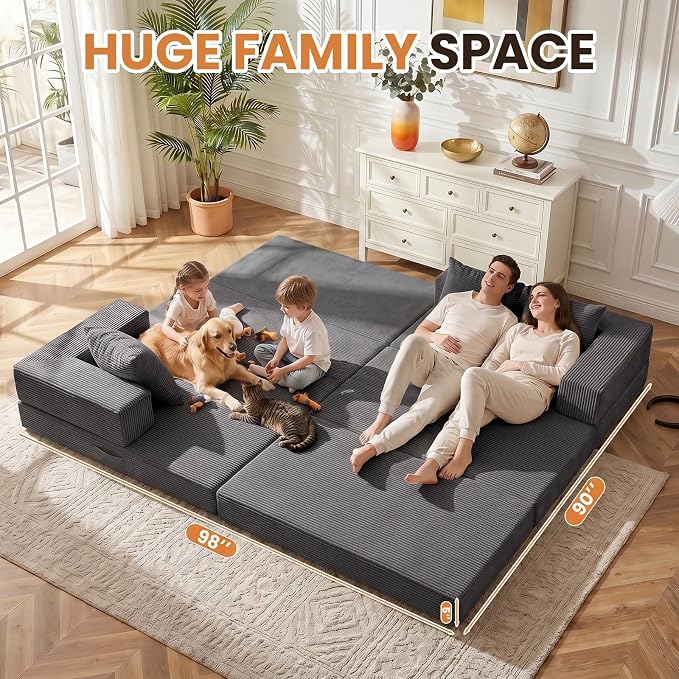 79" Modular Sectional Sofa, Boneless Convertible Sleeper Sofa Bed, Modern Tri-Folding Cloud Couch with L-Shape Chaise, Corduroy Futon for Living Room Small Spaces Apartment, No Assembly,Grey