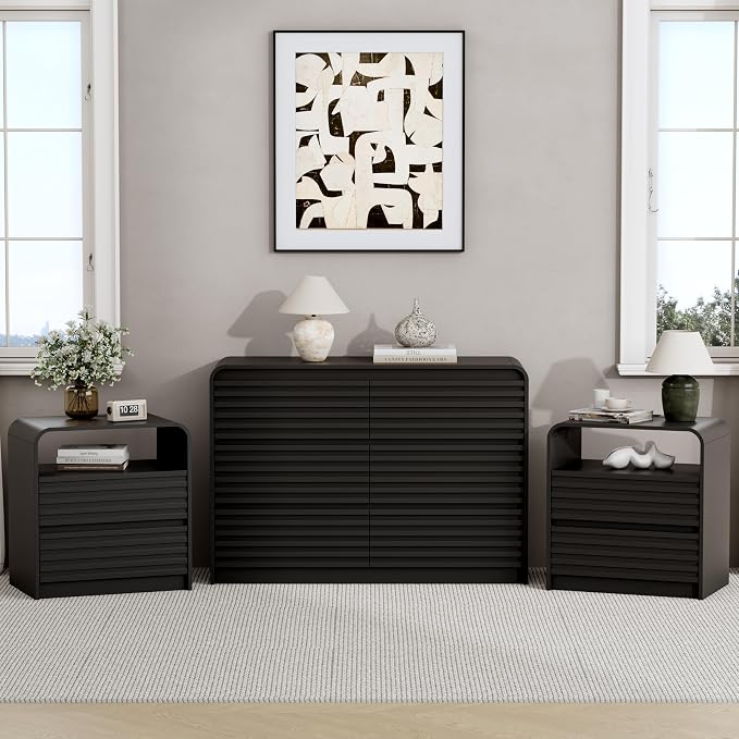 Dresser and Nightstand Sets for Bedroom, 3 Pcs Bedroom Set, Fluted 6 Drawer Dresser with Curved Profile and Night Stand Set of 2 with Charging Station, Wood Chest of Drawers, Black