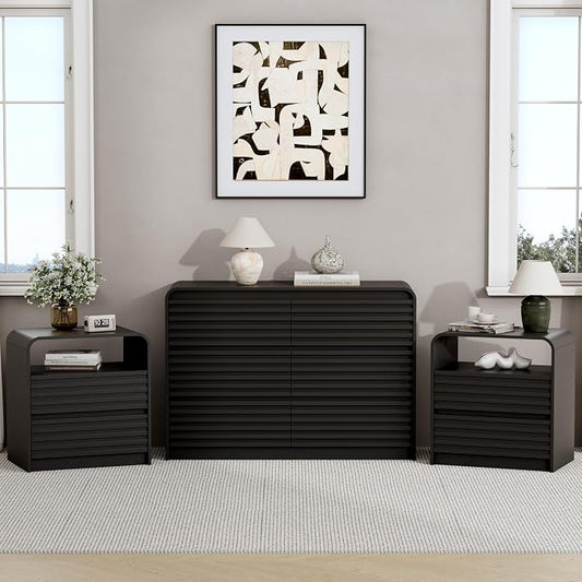 Dresser and Nightstand Sets for Bedroom, 3 Pcs Bedroom Set, Fluted 6 Drawer Dresser with Curved Profile and Night Stand Set of 2 with Charging Station, Wood Chest of Drawers, Black