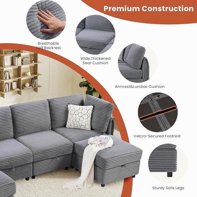 KKL Modular Sectional Sofa U-Shaped 6 Seater Couch with Storage Ottoman, Convertible L-Shaped Plush Wide-Wale Corduroy Couch for Living Room, Apartment, Modern Design, Gray