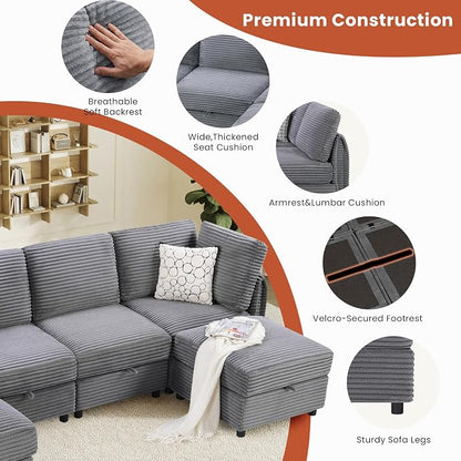 KKL Modular Sectional Sofa V-Shaped 6 Seater Couch with Storage Ottoman, Convertible L/J-Shaped Couch and Sofa Bed Plush Wide-Wale Corduroy for Living Room, Apartment, Modern Design, Gray