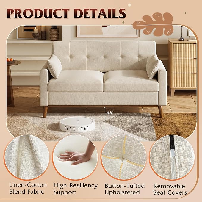 WLIVE 62" Loveseat Sofa, Mid Century Modern Small Couches for Living Room, Button Tufted Upholstered Couch for Bedroom, Solid Wood Frame, Easy to Install Furniture, Beige