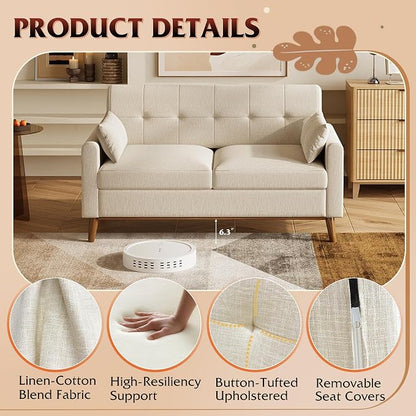 WLIVE 62" Loveseat Sofa, Mid Century Modern Small Couches for Living Room, Button Tufted Upholstered Couch for Bedroom, Solid Wood Frame, Easy to Install Furniture, Beige
