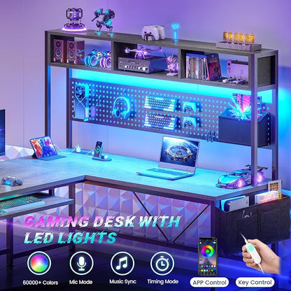 SEDETA L Shaped Desk, 94.5 Inch Home Office Desk with Power Outlet & Pegboard, L Shaped Gaming Desk with LED Light, Keyboard Tray, Storage Shelves and Headphone Hook for Home Office, Grey