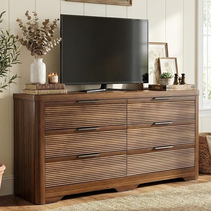 FUSUNBAO Fluted 6 Drawer Dresser, Modern Wood Dresser for Bedroom,TV Stand,Thickened Curved Profile Design,Bedroom,Entryway,Wood Drawer Organizer (Dark Walnut)