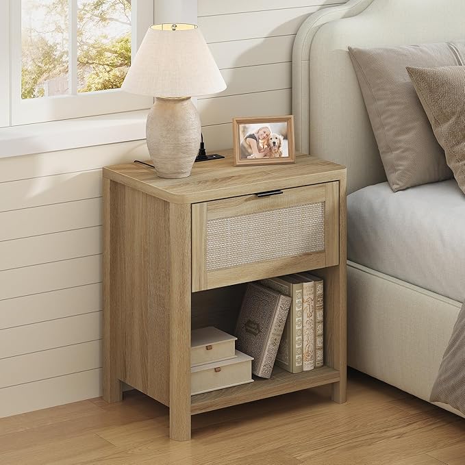 Boho Nightstand with Charging Station, Large Bedside Table with Drawer & Open Storage Shelf, Mid-Century Modern End Table Rattan-Look Drawer, Accent Side Table with Rounded Corners for Bedroom