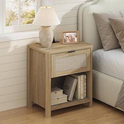 Boho Nightstand with Charging Station, Large Bedside Table with Drawer & Open Storage Shelf, Mid-Century Modern End Table Rattan-Look Drawer, Accent Side Table with Rounded Corners for Bedroom