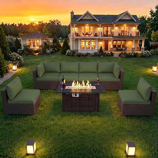 LAFWELL 8-Piece Wicker Patio Conversation Set with 44" Propane Fire Pit Table, Cozy Outdoor Sectional Sofa for Backyard Gatherings, Poolside Lounging & Garden Parties