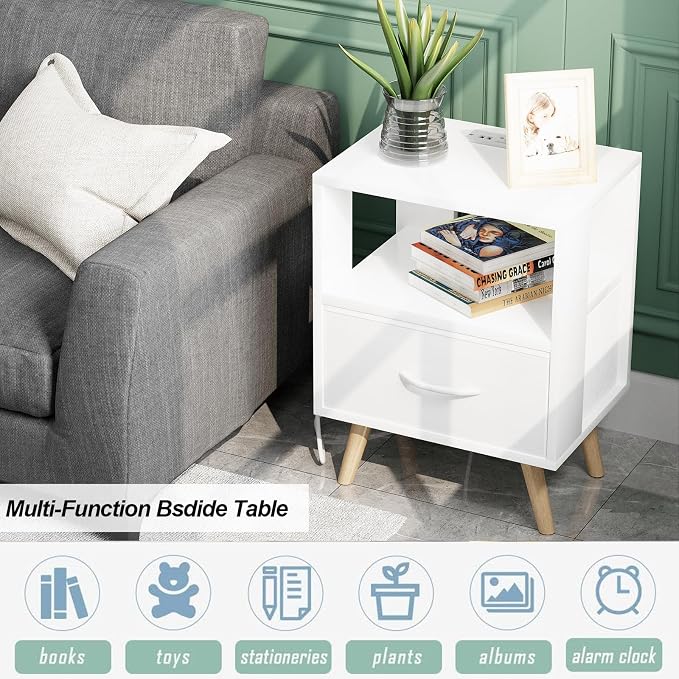 Aenuert Night Stand with Charging Station, White Nightstand with Drawer, 3-Tier Wooden Bedside Table with USB Ports and Outlets, End Table for Small Space, Living Room, Bedroom