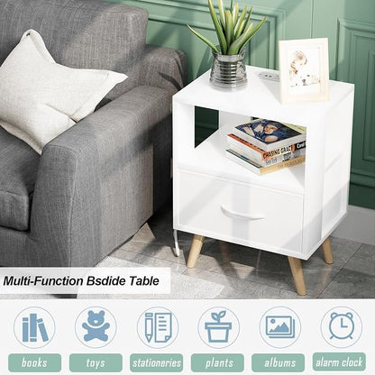 Aenuert Night Stand with Charging Station, White Nightstand with Drawer, 3-Tier Wooden Bedside Table with USB Ports and Outlets, End Table for Small Space, Living Room, Bedroom