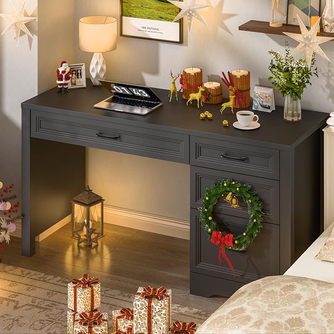 Vabches Farmhouse Executive Desk with Storage and Ample File Drawer, Rustic Large Home Writing Desk for Bedroom, Pure Black
