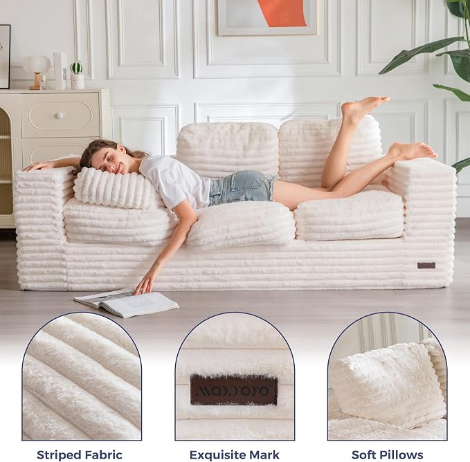 MAXYOYO 3-Seater Boneless Sofa Couch, Modern Faux Fur Sofa for Living Room, Soft Bean Bag Chair High-Density Foam Couch with Pillows, No Assembly Required
