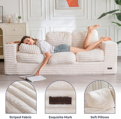 MAXYOYO 3-Seater Boneless Sofa Couch, Modern Faux Fur Sofa for Living Room, Soft Bean Bag Chair High-Density Foam Couch with Pillows, No Assembly Required