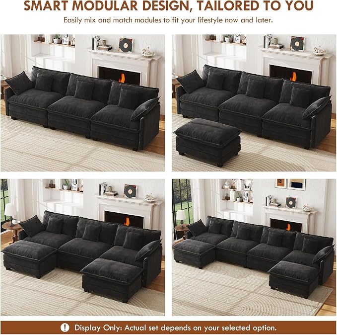 WorthFurni 111.4” Cloud Couch Modular Sectional Sofa with Ottoman, Comfy Modern 3-Seater Couches with Pillows & Upholstered Deep Seat Cushion for Apartment Living Room Bedroom (Black)