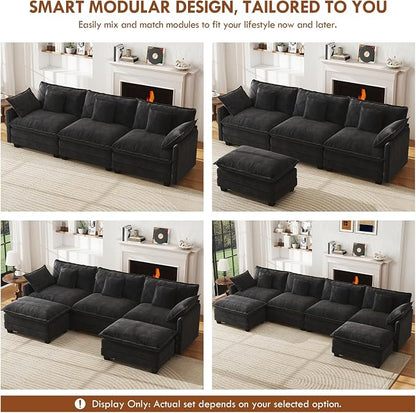 WorthFurni 111.4” Cloud Couch, Modular Sectional Sofa, Comfy Modern 3-Seater Couches with Pillows & Upholstered Deep Seat Cushion for Living Room Apartment Bedroom (Black)