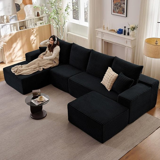 135" Modular Sectional Sofa with U Shaped Chaise, Upholstered Couches for Living Room with Deep Seat, No Assembly Required, Corduroy Cloud Couches, Black (Left-Facing Chaise