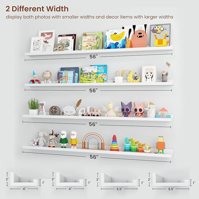 Axeman Picture Ledge Shelf | 55 Inch White Floating Shelves Set of 4 | Rustic Wood Wall Shelves with Lip | 55" White Picture Shelves for Wall with Ledge | Photo Shelves