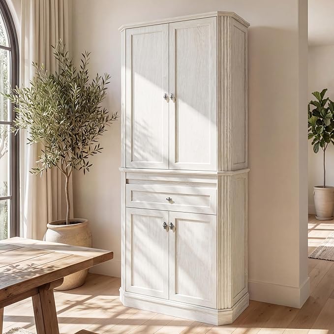 72.2" Tall Kitchen Pantry Cabinet with Doors, Farmhouse Storage Cabinet with Charging Station & LED Light, Drawer, Adjustable Shelves and Pull-Out Shelves, White Wood Pantry Cupboard for Dining Room