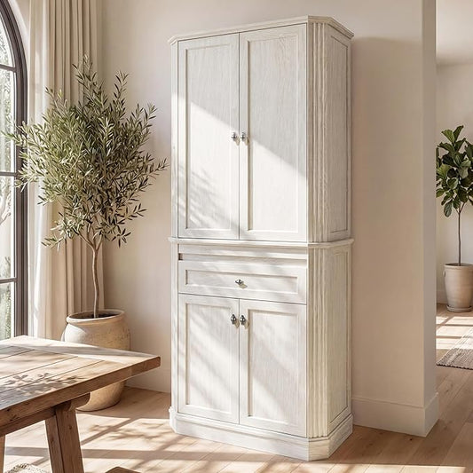 72.2" Tall Kitchen Pantry Cabinet with Doors, Farmhouse Storage Cabinet with Charging Station & LED Light, Drawer, Adjustable Shelves and Pull-Out Shelves, White Wood Pantry Cupboard for Dining Room