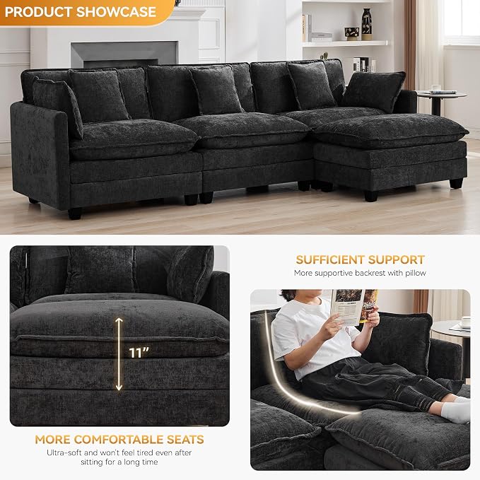 111'' Sectional Cloud Deep Seat Couch, Modern Comfy Chenille L Shaped Sectional Sofa for Living Room Set, Upholstered Modular 4-Seats Sofa Couch with 1 Movable Ottoman, Dark Grey