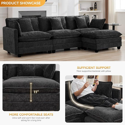 111'' Sectional Cloud Deep Seat Couch, Modern Comfy Chenille L Shaped Sectional Sofa for Living Room Set, Upholstered Modular 4-Seats Sofa Couch with 1 Movable Ottoman, Dark Grey